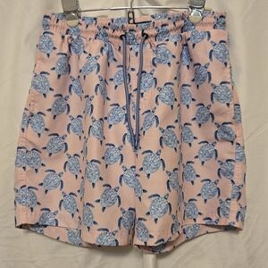 Pink Swim Shorts with Blue Turtle Print